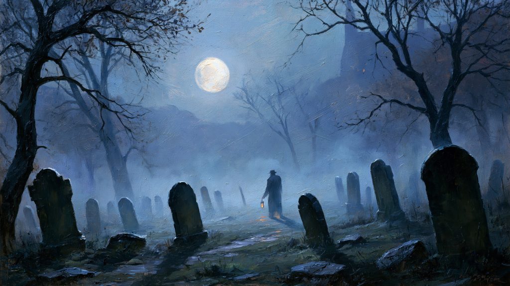 Misty Graveyard at Night