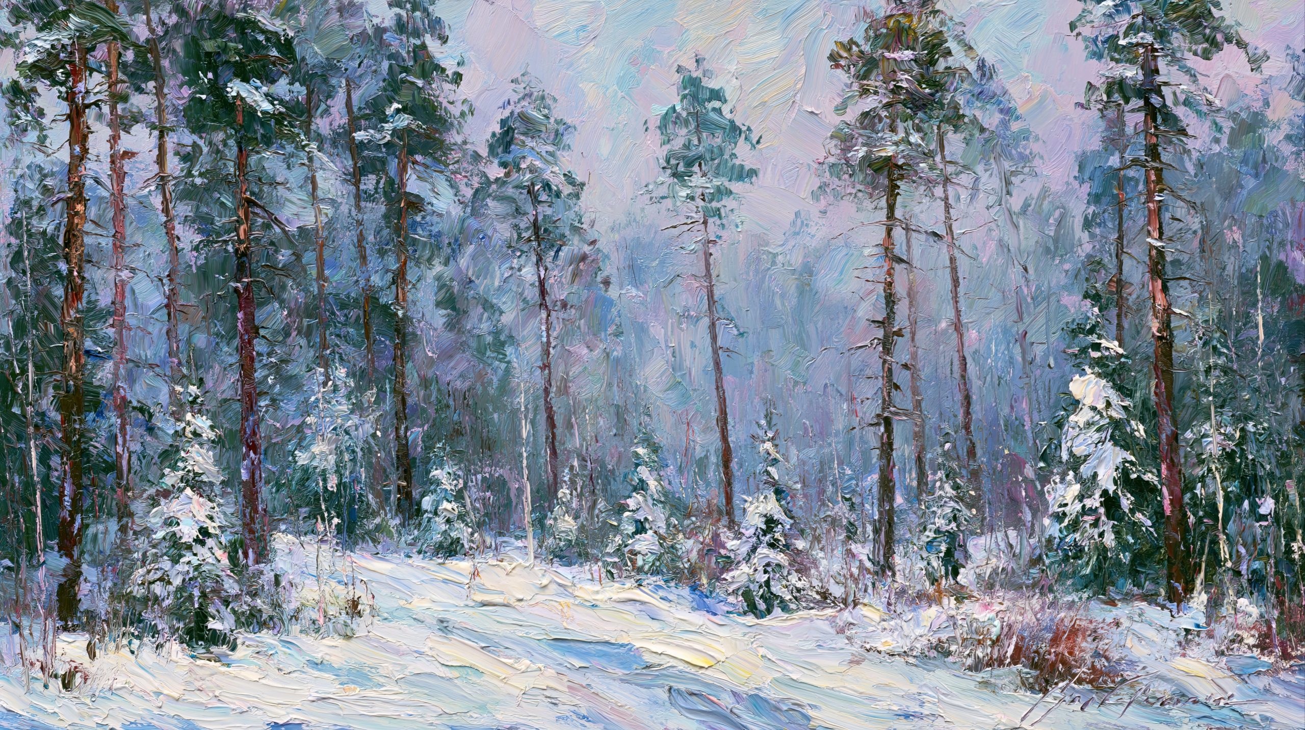 Samsung Frame TV artwork of snowy forest oil painting
